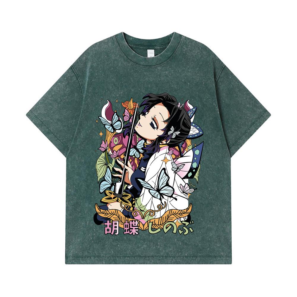 275 GSM Washed T-shirts 100% Cotton Demon Slayer V104 Shinobu Flower Print Unisex Heavy Cotton T Shirt
