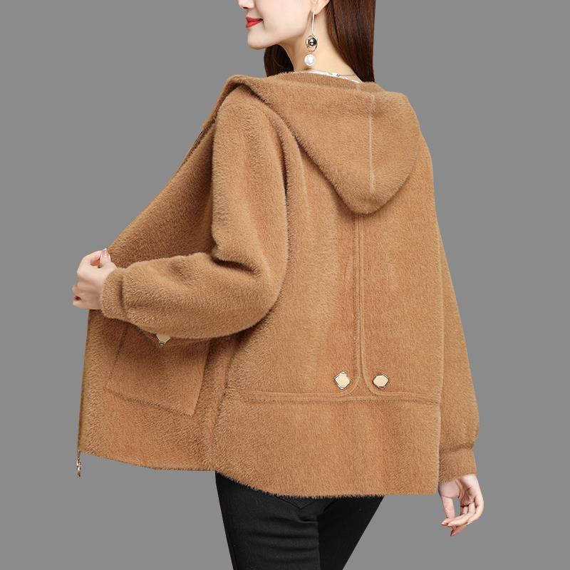 Thickened Hooded Faux Mink Fur Cardigan for Women Short Autumn Winter Jacket