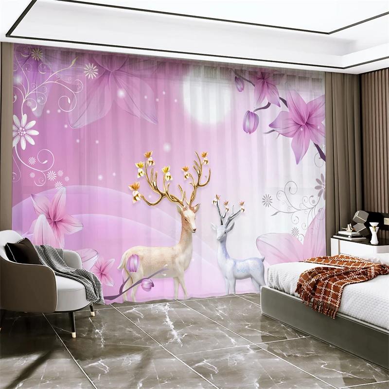 New Chinese Style Luxury Gold Elk Lucky Fortune Curtain Bedroom Living Room Kitchen Blinds Curtain 2 Panels High Shading New