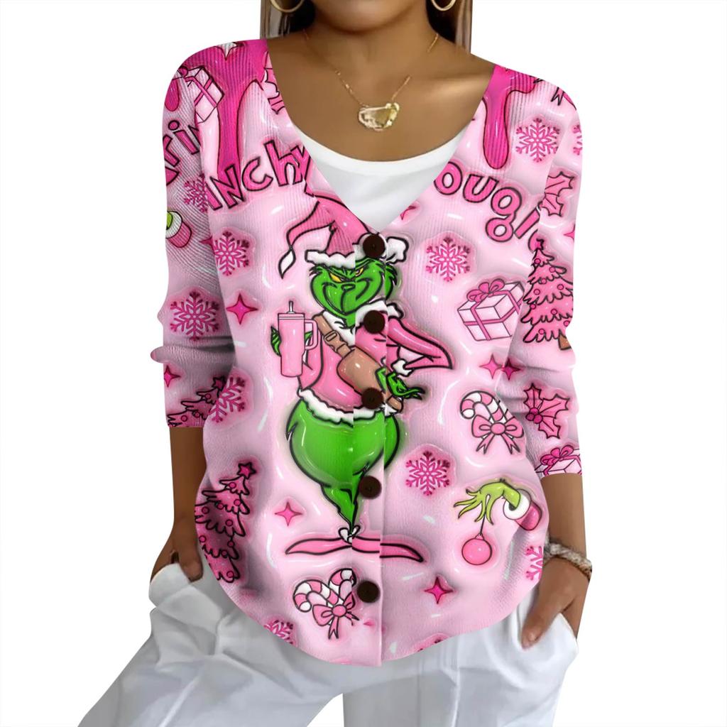 Women's Fashion Casual Knit Sweater Button-Up Christmas Print Cardigan Jacket