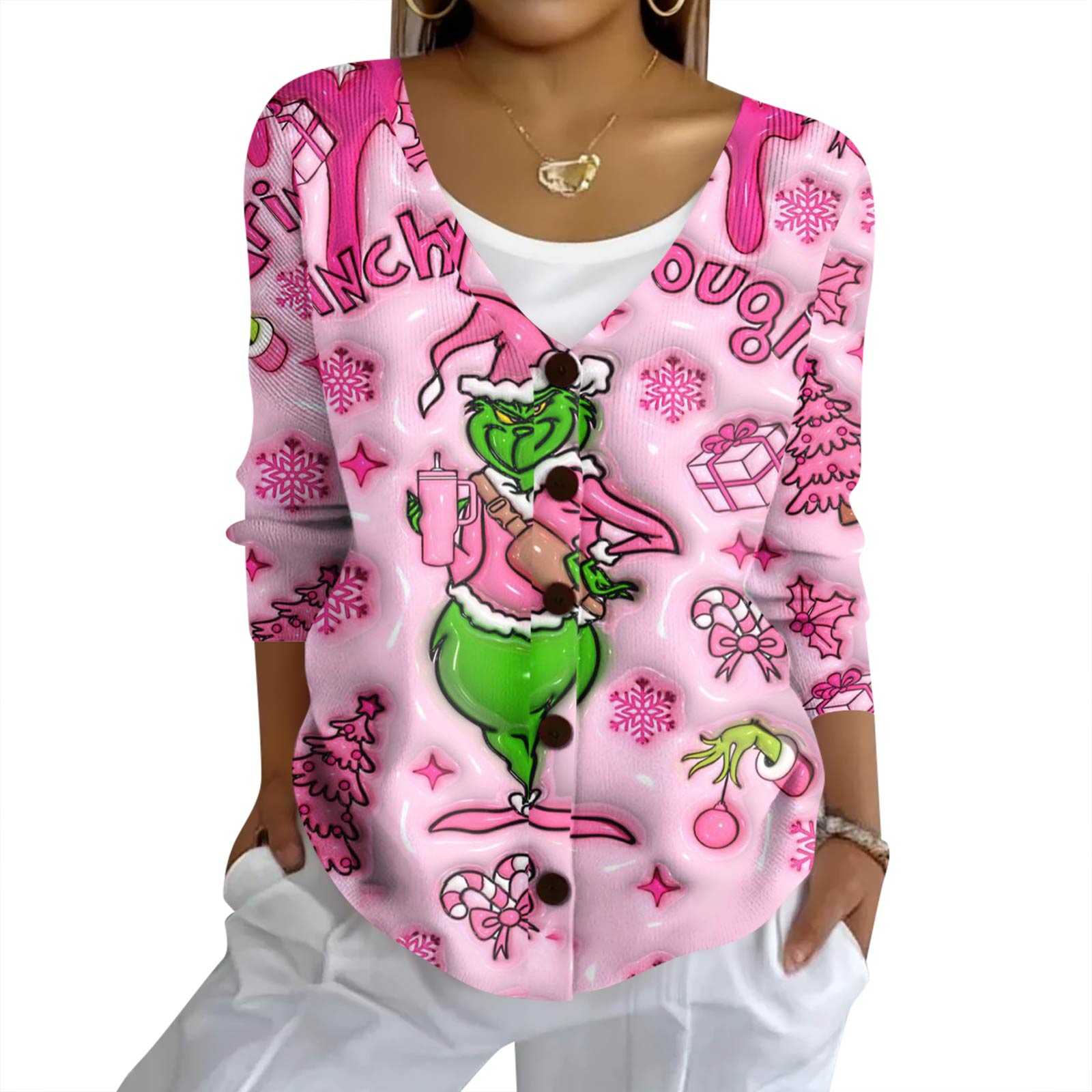 

Женский модный повседневный вязаный свитер на пуговицах, кардиган-жакет с рождественским принтом S розовый