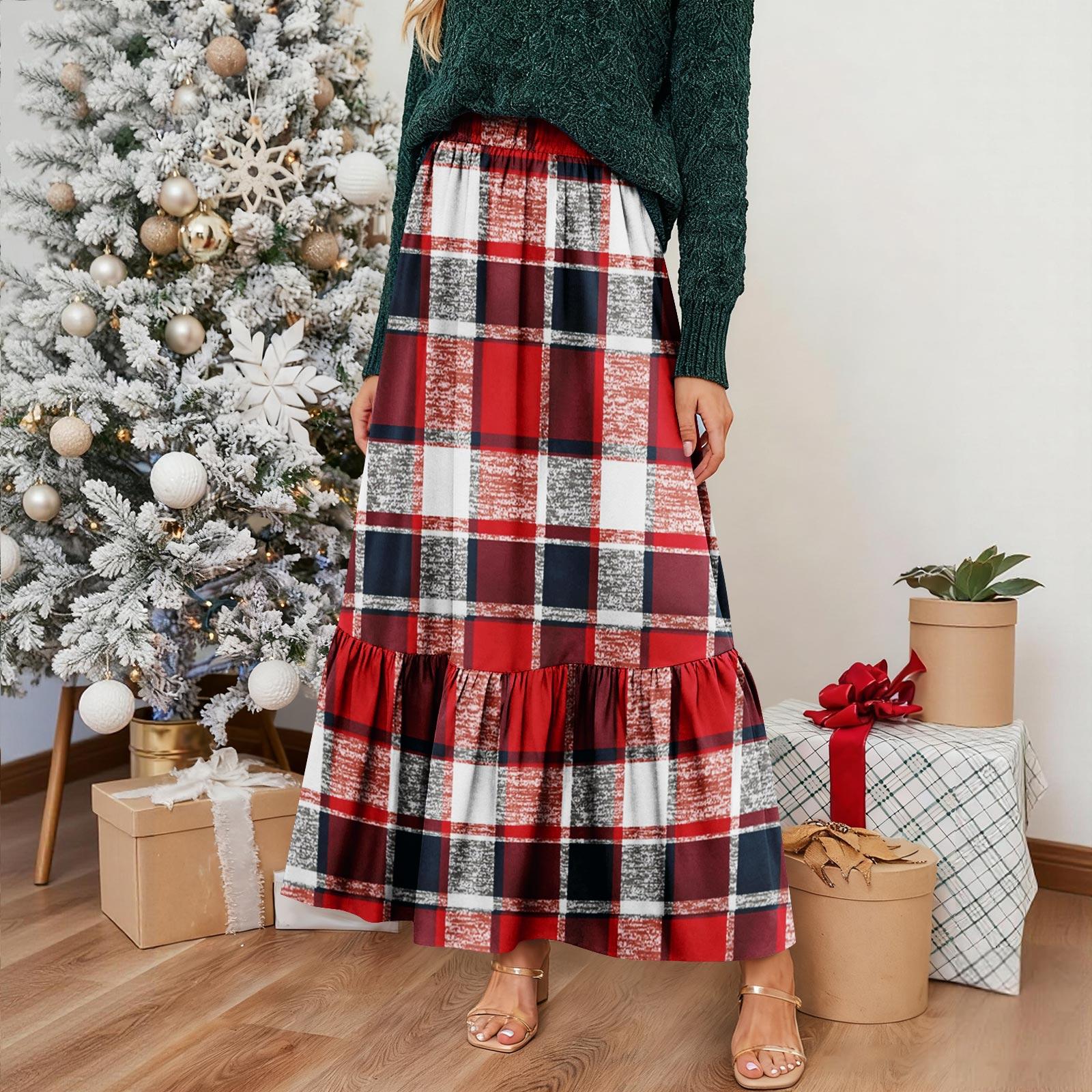 

Women s Ruffled Casual Long Skirt Plaid Skirt Retro Pleated Skirt XL
