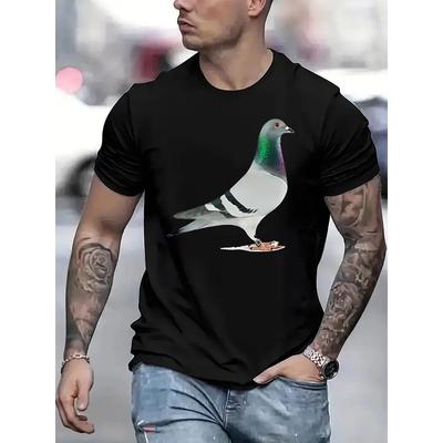 European Sizes Creative Pigeon Men's Fashion Trendy Print Pattern, Men's Round Neck Short Sleeve T-shirt, Holiday Camping Casual T-shirt