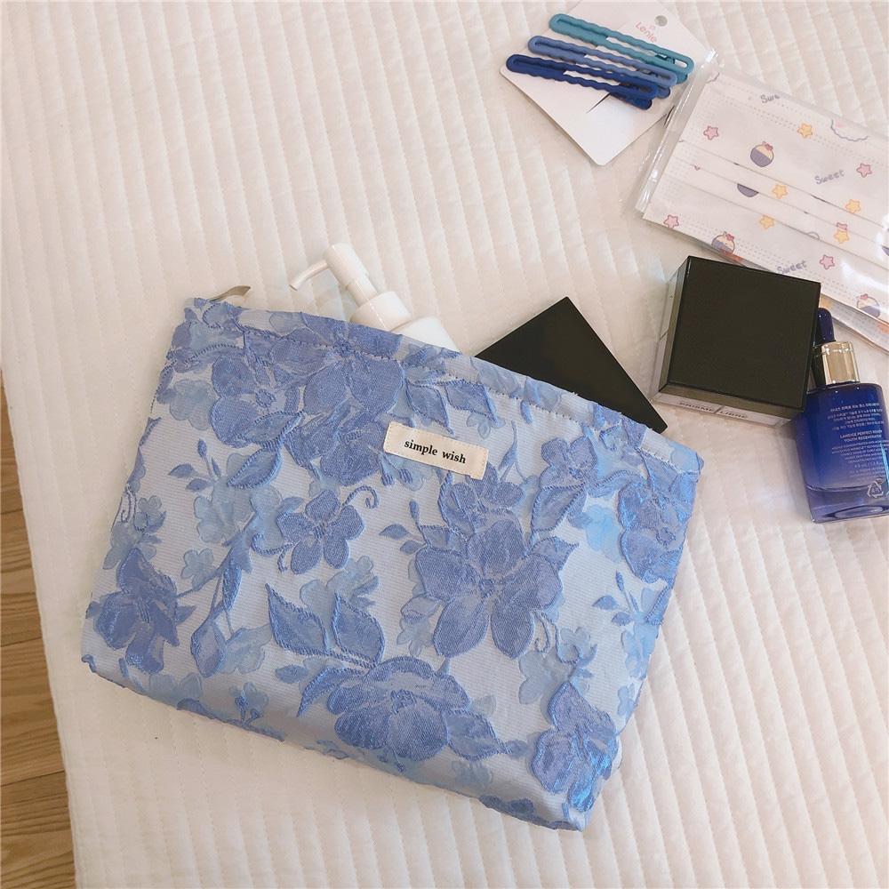 

189 Lightweight Canvas Makeup Cosmetic Bag Embossing Big Flower Pattern Toiletry Travel Organizer Bag Light Green