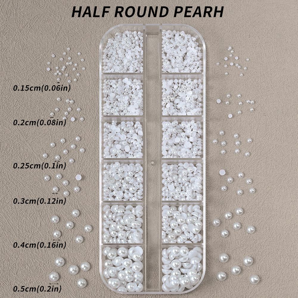 12 Grids 3D Semi-Circle White Simulation Pearl Nail Art Decorations, Semi-Circle Pearl Gems, DIY Nail Art Decor, Suitable For Home DIY Nail Art