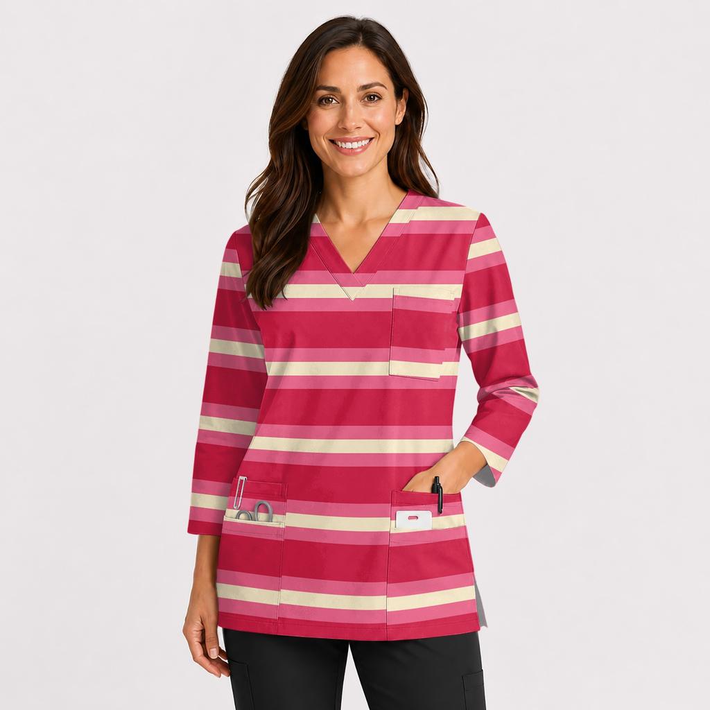 Women's Printed Uniform V Neck Top with Double Pockets and Side Slits 3/4 Sleeve