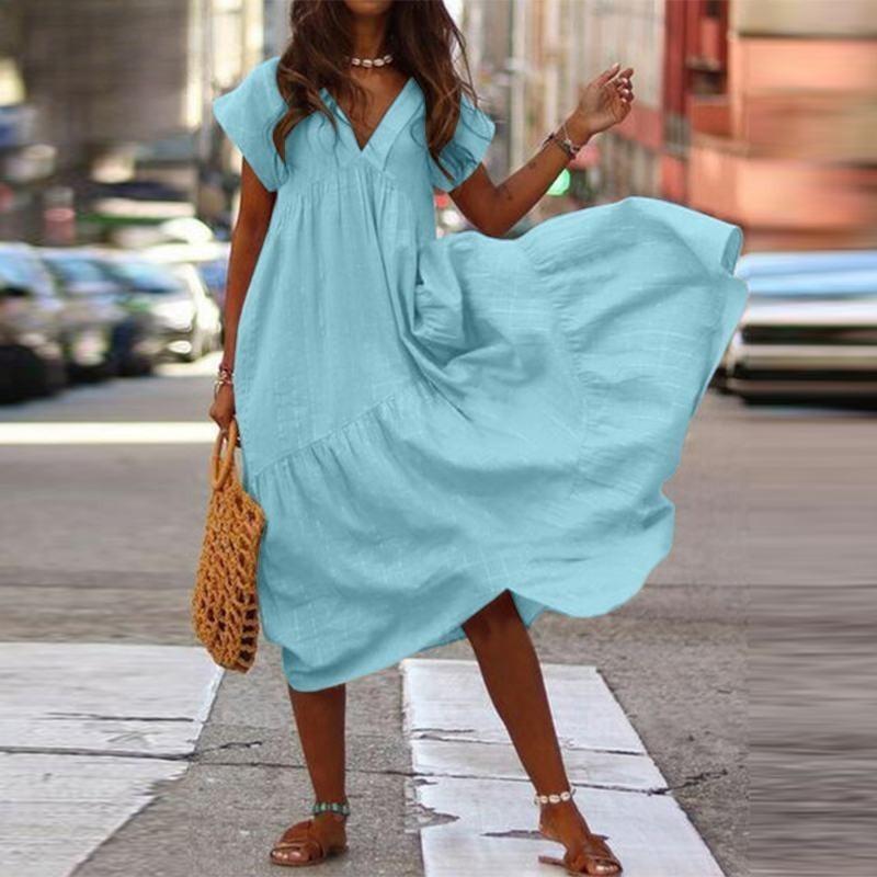 Plus-size Multi-colored Loose V-neck Dress for Women