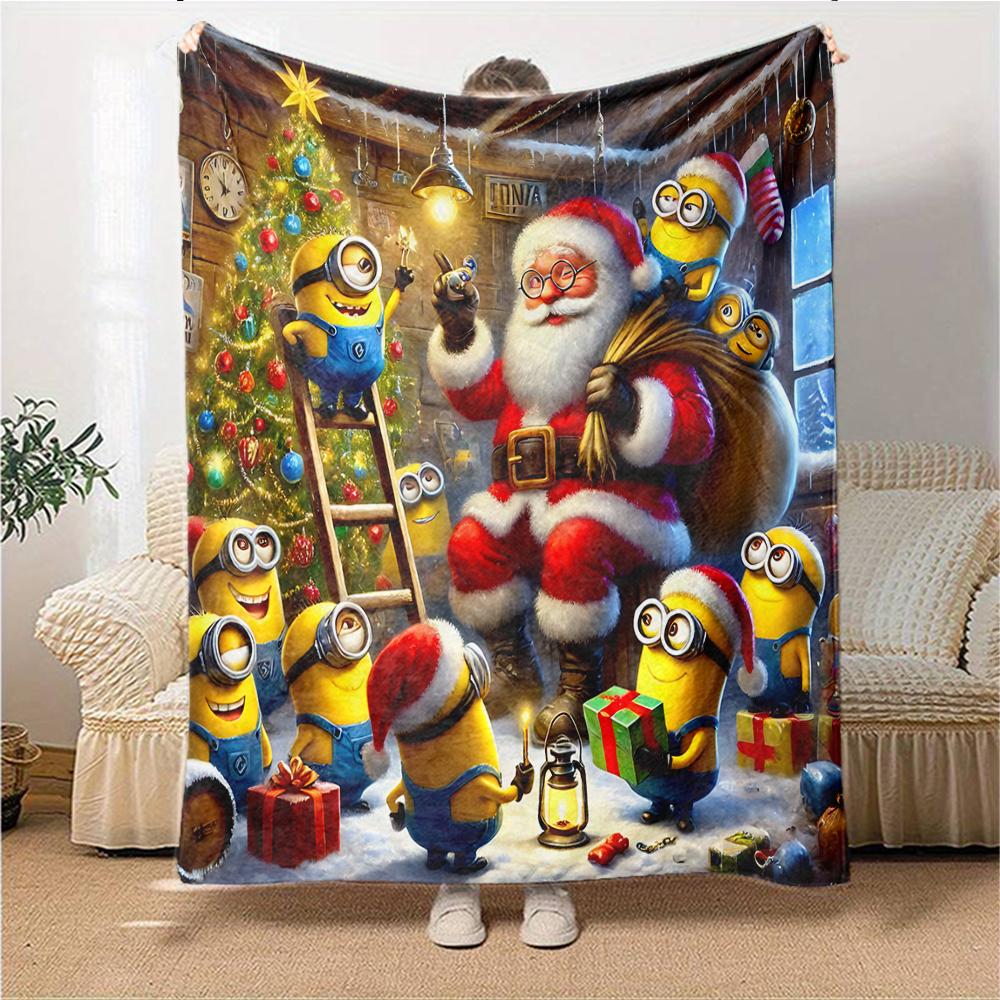 1Pc Happy Minions Holiday Wreath Blanket Soft Throw Blanket For Home Bedroom Bed Sofa Travel Office Solid Christmas Blanket