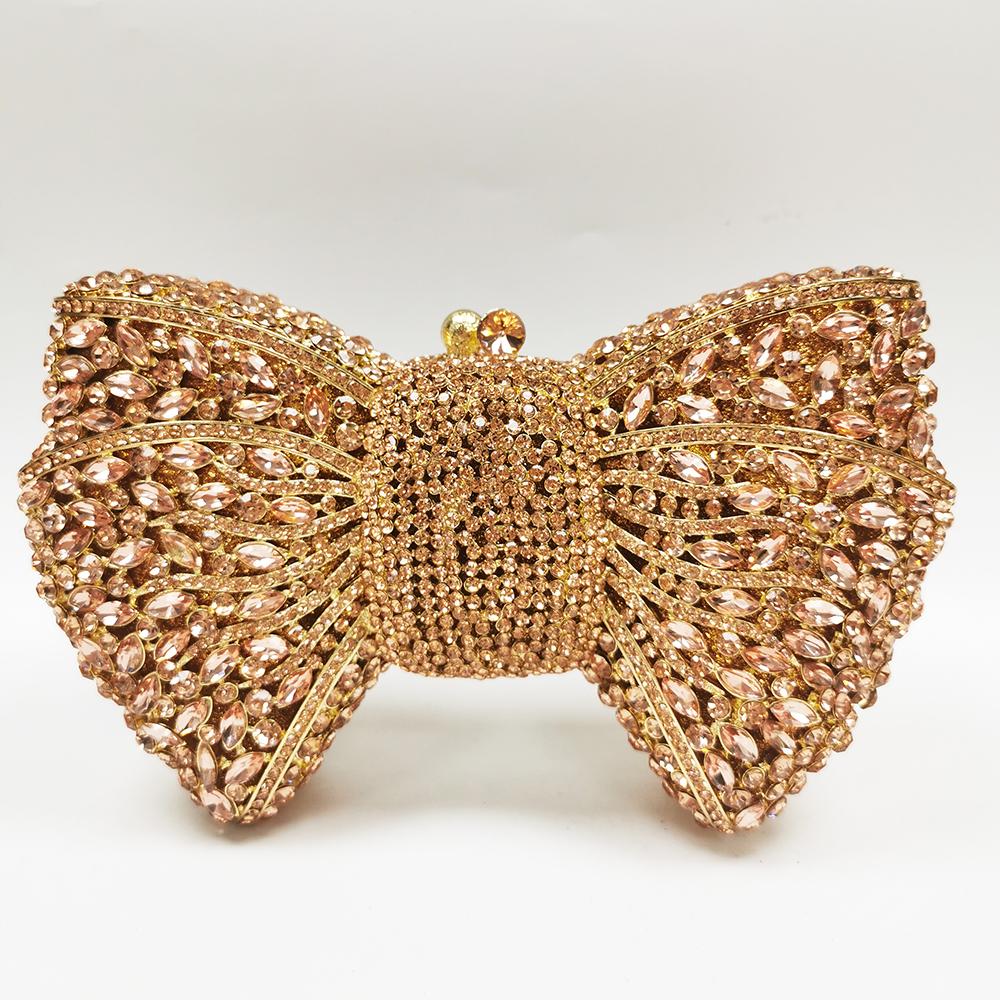 Green Bow Rhinestone Evening Bag Gold Hard Metal Crystal Wedding Handbags Bridal Party Cluches Diamond Women Cocktail Purses