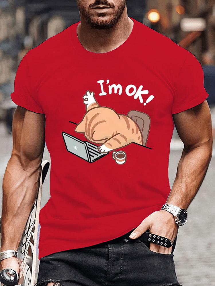 Cute "I'm OK" Cat Graphic T-Shirt for Men Women Casual Round Neck Short Sleeve Tee Fashion Stylish Lazy Cat Design T-shirts Tops