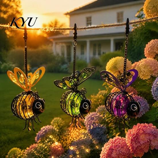 Outdoor Atmosphere Decorative Lights 2Pcs Solar Hanging Bee Lanterns, Waterproof Garden Lights, Cute Patio Lamps Insect Night for Porch Backyard Decor
