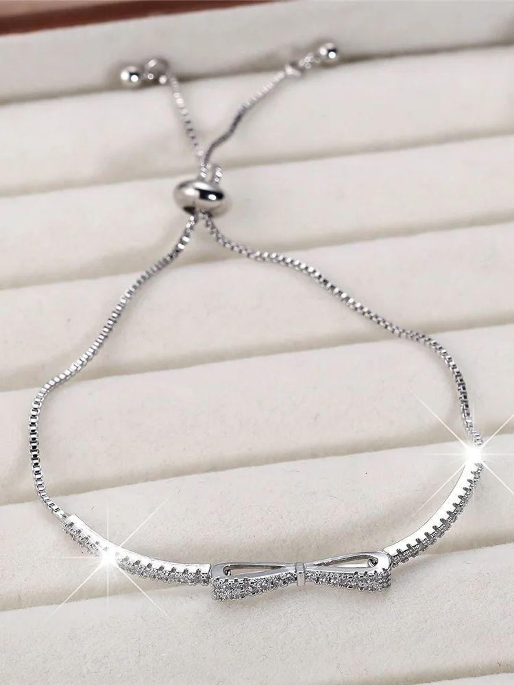 Charm Female White Zircon Stone Cute Bowknot Bracelet Cute Silver Color Adjustable Wedding Jewelry For Women