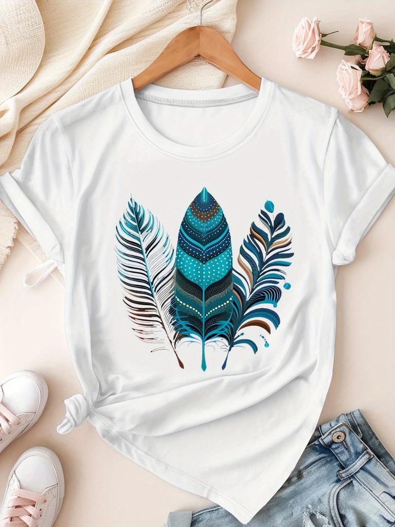 Women's Short-sleeved T-shirt with Colorful Feather Print, Bohemian Style, Comfortable.Summer Streetwear Graphic T Shirts Y2K