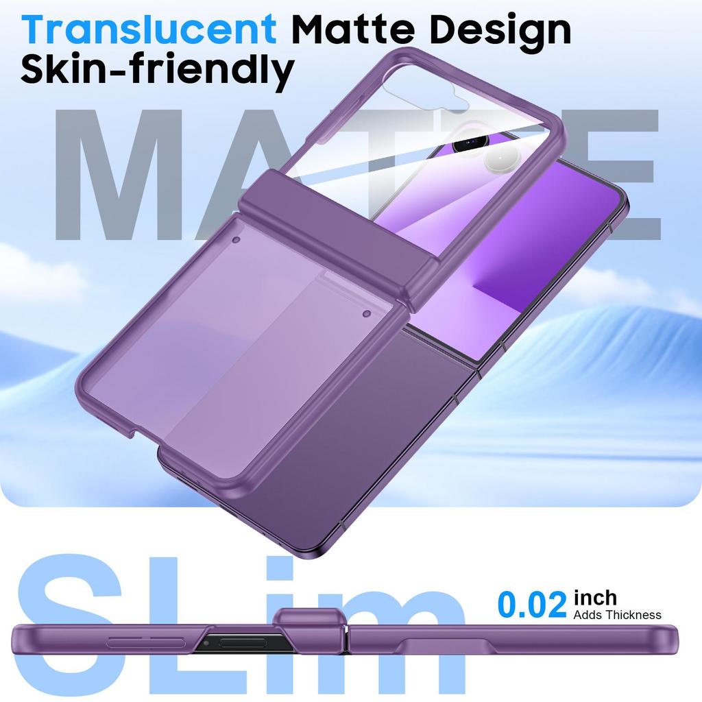 Translucent Matte Protective Case with Tempered Glass Screen Protector for Samsung Galaxy Z Flip 7, Hinge Protection Slim Cover-Purple