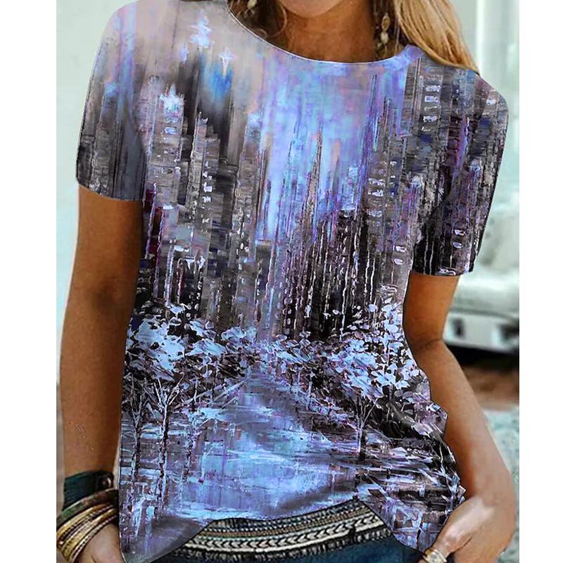 Dame Sommer T-skjorte Trendtrykk Retro Mote Kortermet Tees Casual Trykte Topper