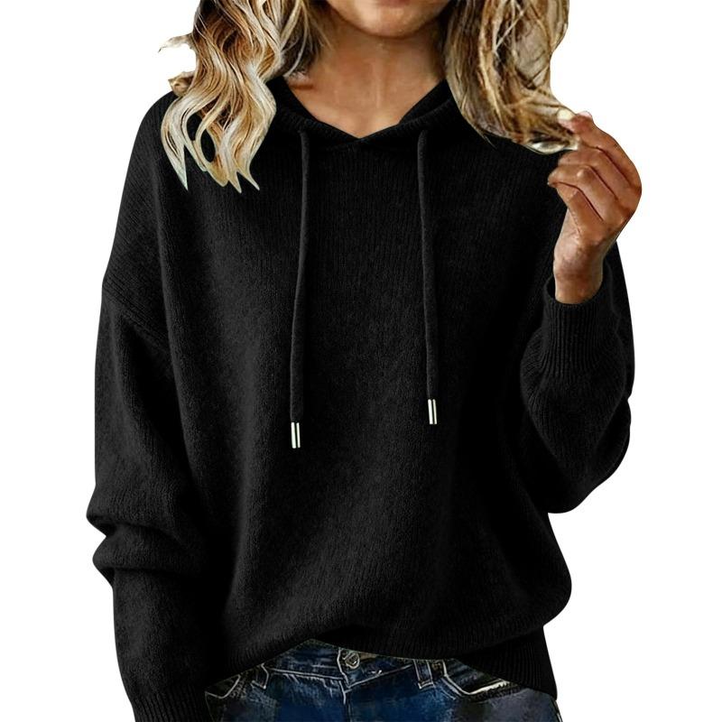 Women S Loose Fit Hooded Knit Pullover Sweater Long Sleeve Solid Color