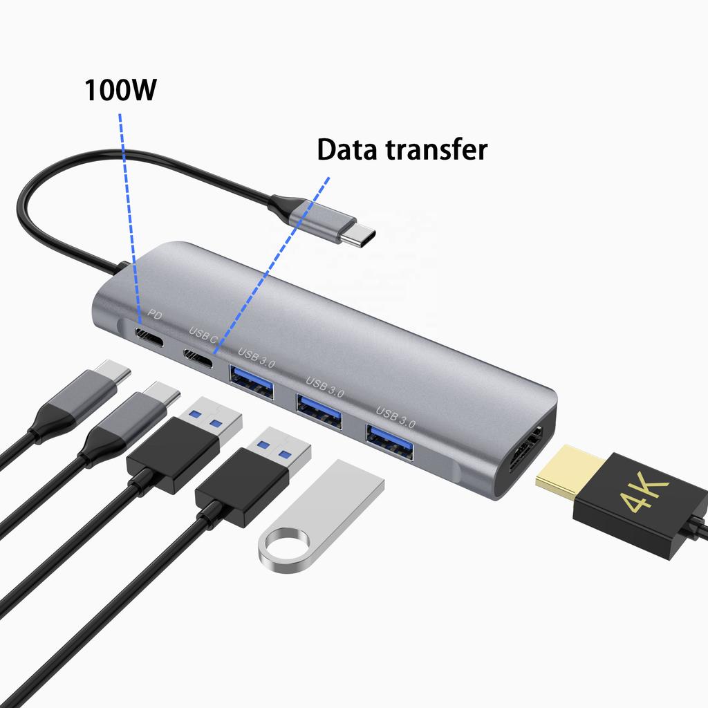 6 in 1 Aluminum Thunderbolt 3 Usb Hub Type-c Plug to 1*HD 4K+1*PD 100W+1*type-c Data+3*USB-A 3.0 Docking Station USB HUB
