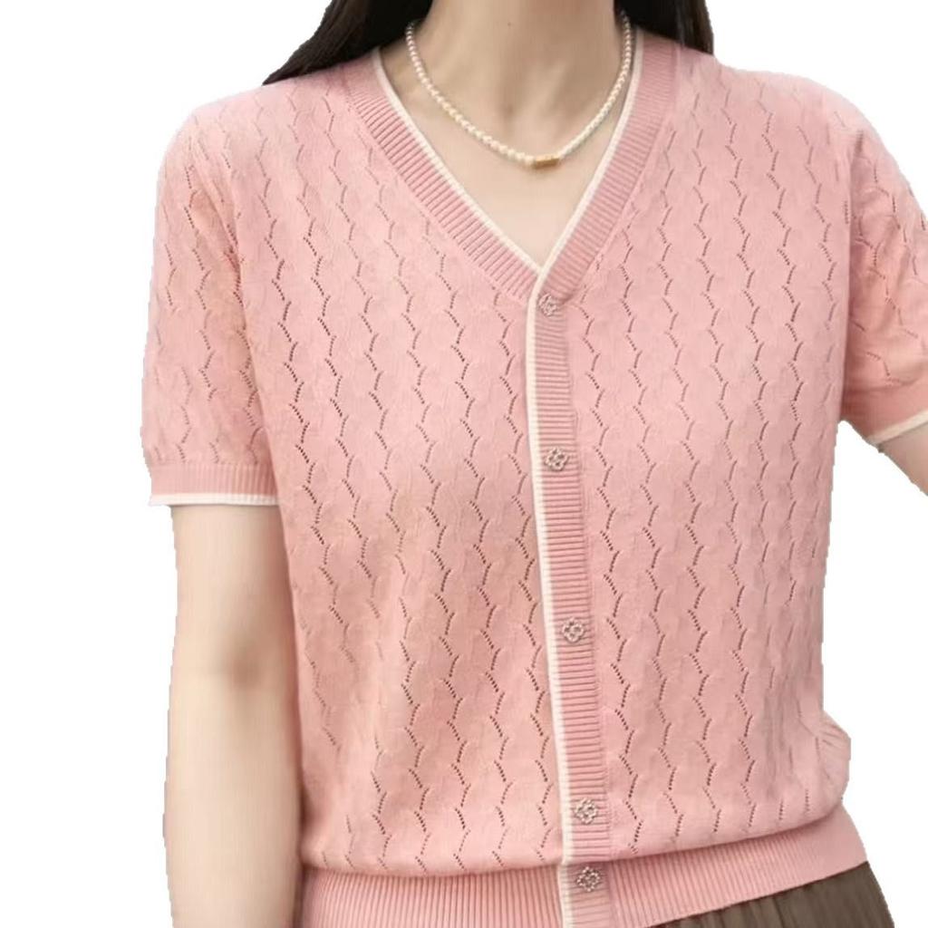 Hollow Knit T-shirt for Women Loose and Versatile Mom's Thin Top Summer T-shirt Pullover