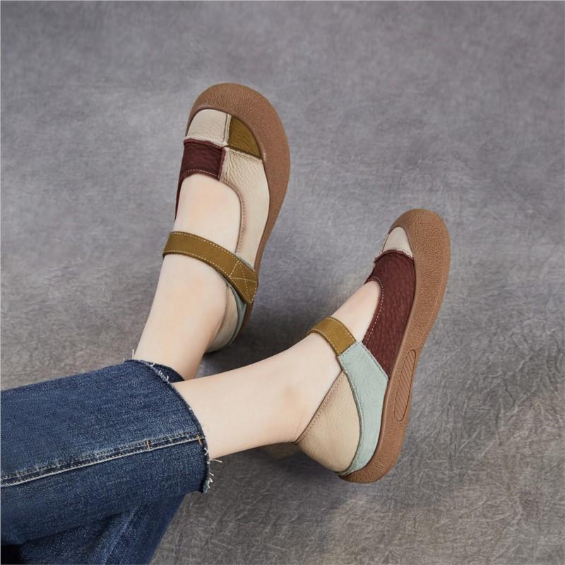 Johnature Genuine Leather Mixed Colors Soft Soled Women's Shoes Retro Round Toe Shallow Flat Shoes