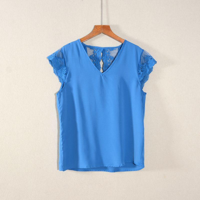 

Summer 2025 New Arrival Women s Clothing Loose Pure Color K-style Short Sleeve V Neck Backless Lace Patchwork T-shirt Age-Reducing Fashion Blue S