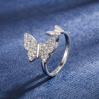 Adjustable Korean-Style Silver Butterfly Zircon Diamond Ring for Women: Fashionable Rotating Jewelry