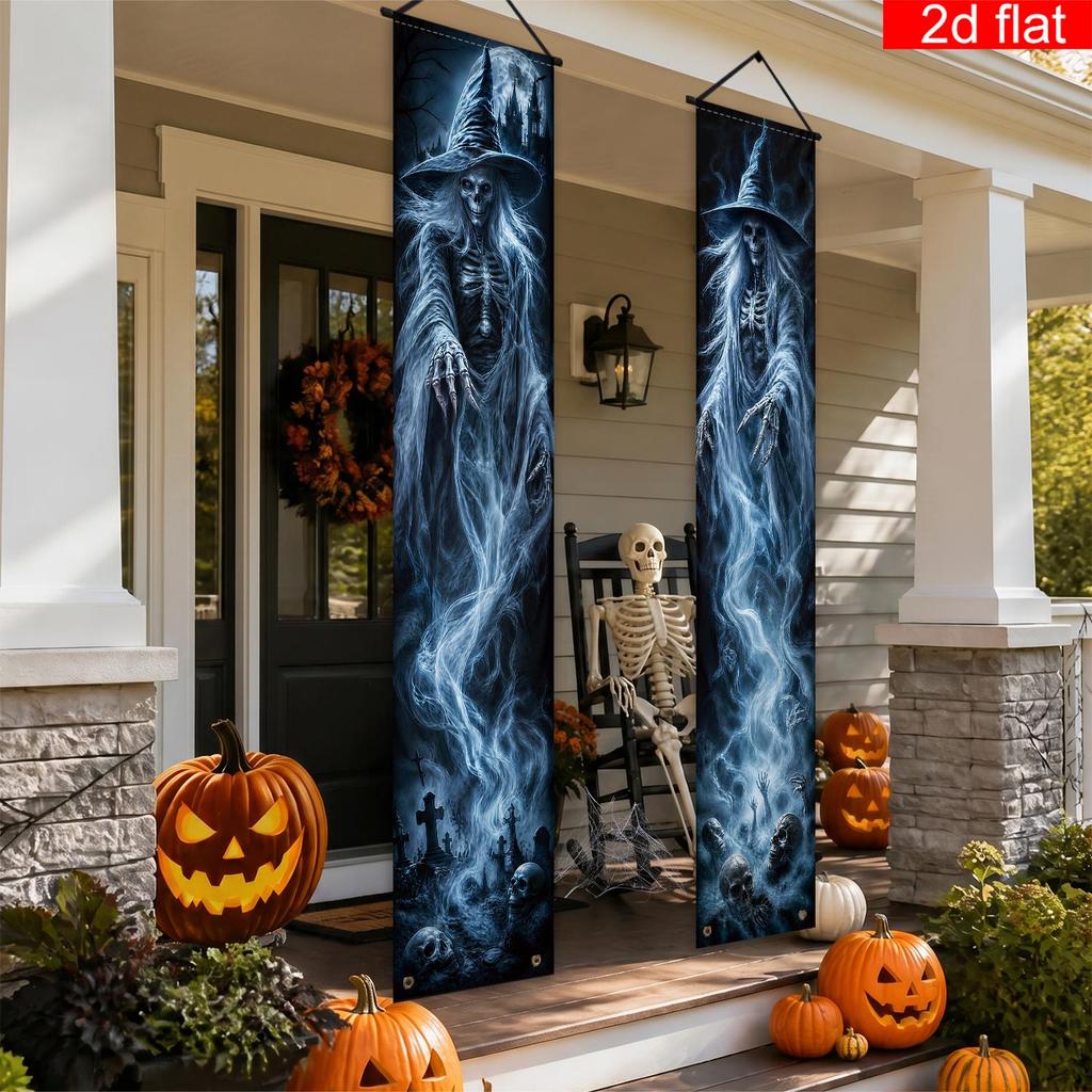 Halloween Porch Sign Ghost Skull Witch 1 Pair Polyester Indoor Outdoor Decor