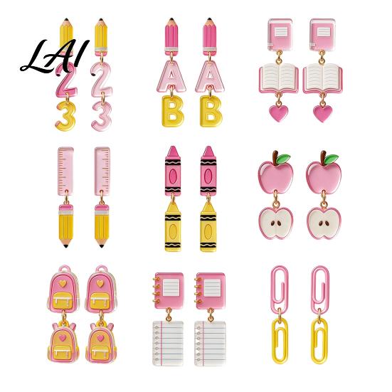 Fun Back to School Jewelry 1 Pair Teacher Earrings for Women Cute 2D Acrylic Crayon Pencil Backpack Appreciation Day Number Alphabet Earrings First