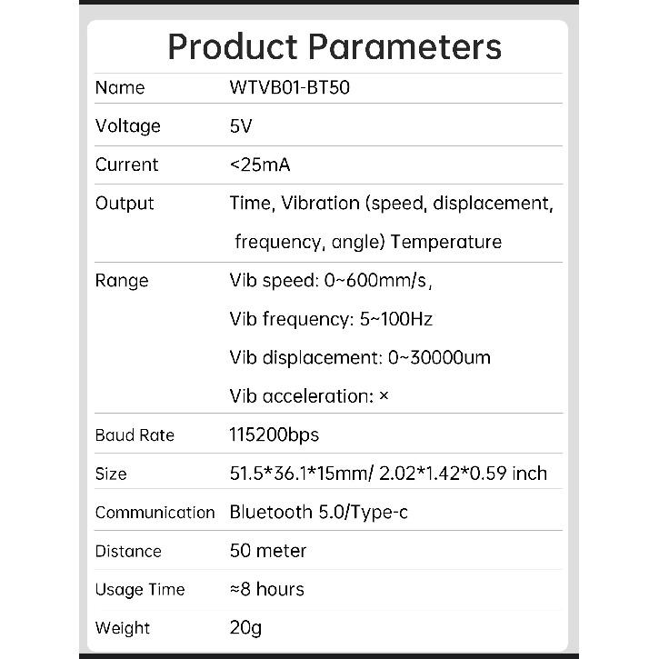 WTVB01-BT50 Bluetooth 50m Wireless Multi-connected Vibration Sensor, 3-axis Vibration Displacement + Speed + Amplitude+Angle