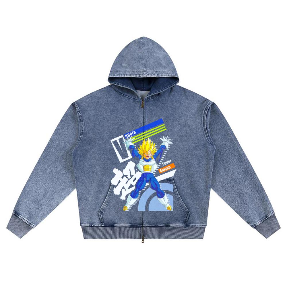 DTG Print Knitted Denim Zip-Up Hoodie VEGETA SUPER SAYAN Brother Print Zipper Hoodies  