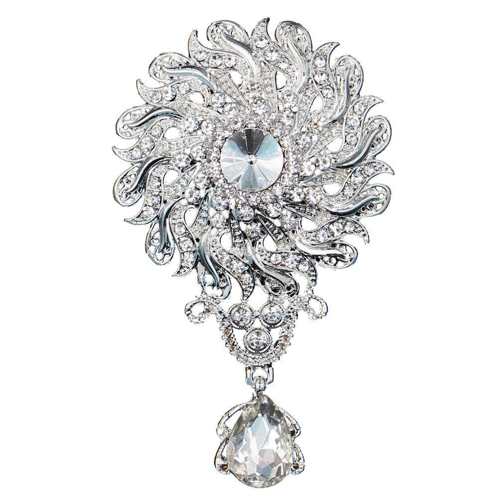 Water Drop Shape Bridal Brooch Flower Design Crystal Rhinestone Brooch  Daily Accessory белый