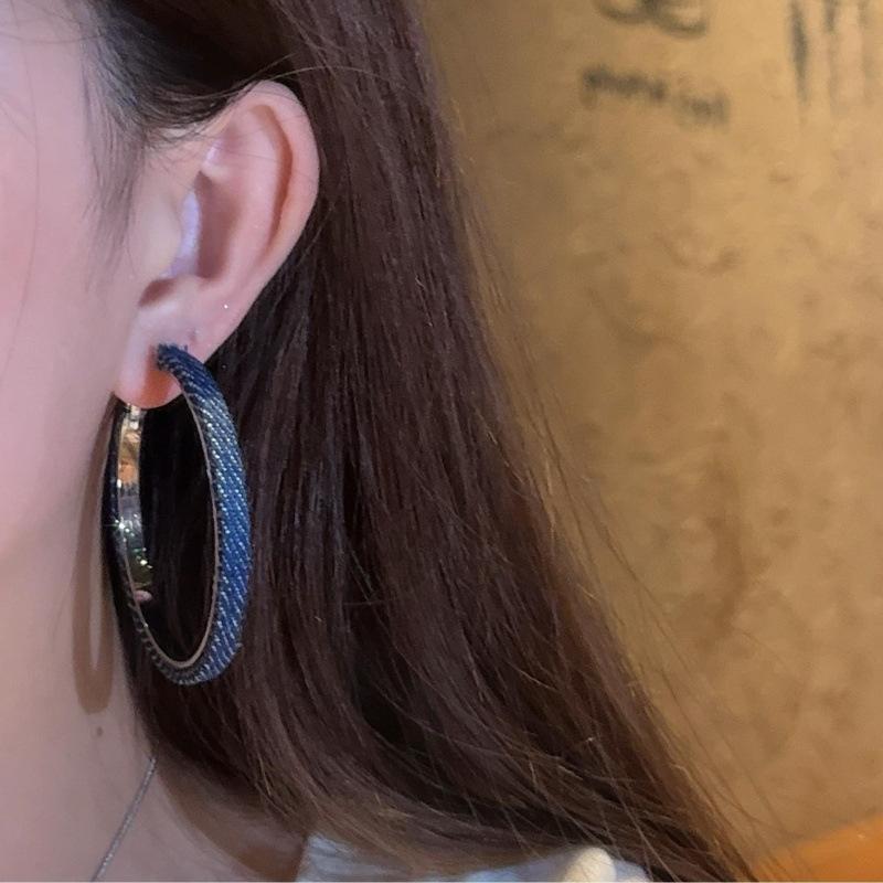 Vintage Design Spice Girl Denim Blue Big Earrings S111 Silver Needle Loop Earrings Light Luxury High-end Antique Earrings