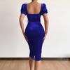 Belt Waist Tight Hip Wrap Skinny Elegant Dress Square Collar Puff Short Sleeve Bodycon Gown Dress Female Clothing