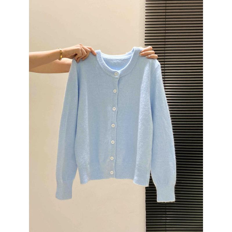 Sea Salt Blue Fresh Round Neck Versatile Top Jacket Women's Autumn and Winter Girl Soft Waxy Knitted Single-breasted Sweater Cardigan