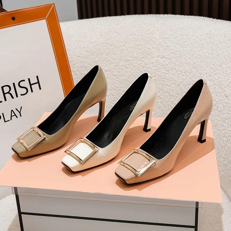 Square Buckle High Heels 2024 New Brand Women Sexy Thick High Heels Dress Party Wedding Shoes Retro Shallow Mouth Woman Pumps