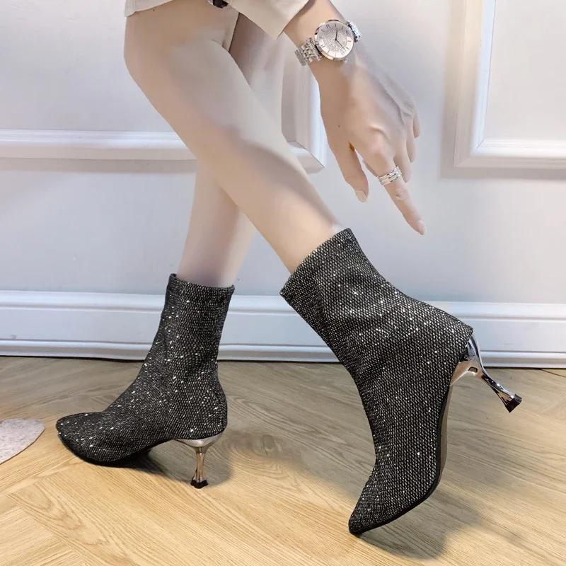 Fashion 2024 Winter New Luxury Buling Sequins Brand Designer Womens Shoes Outdoor Walking Mountaineering Women's Stiletto Non-slip Boots