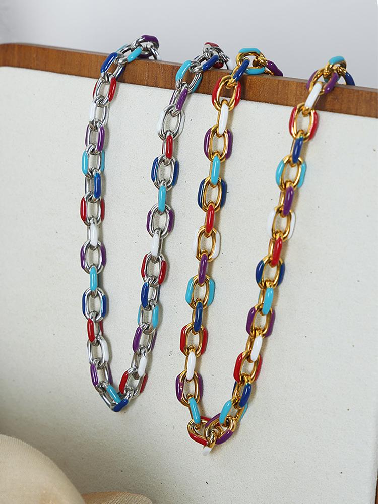 Colourful Enamel Necklace Bracelet For Women Stainless Steel 18K Gold Plated Waterproof Women's Neck Chain Bracelets Zircon Set