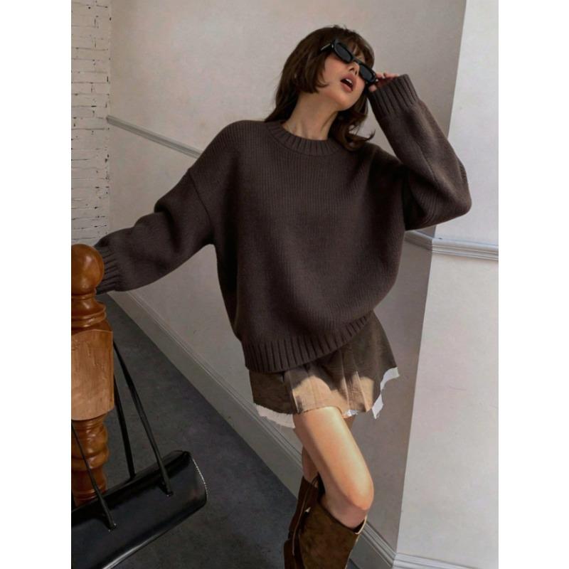 Pull Uni Manches Longues Col Rond Style Décontracté pour Femme