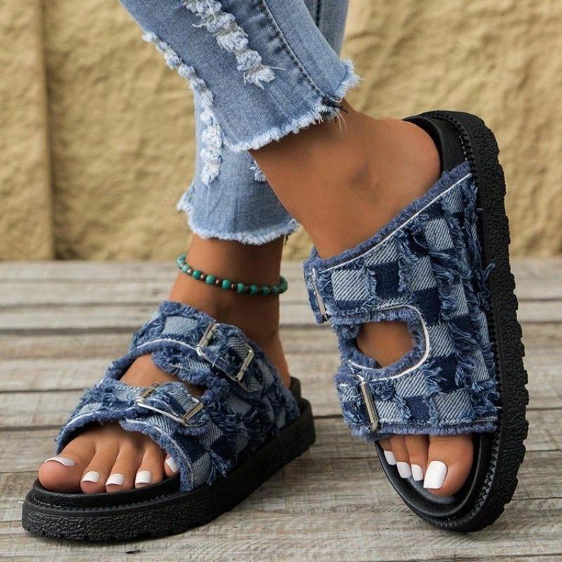 Mode Damenmode Schnallenriemen Denim Karomuster Lässige Flache Slipper 2025 Sommer Offene Zehen Ausgehöhlt Bequem Vielseitige Sandalen
