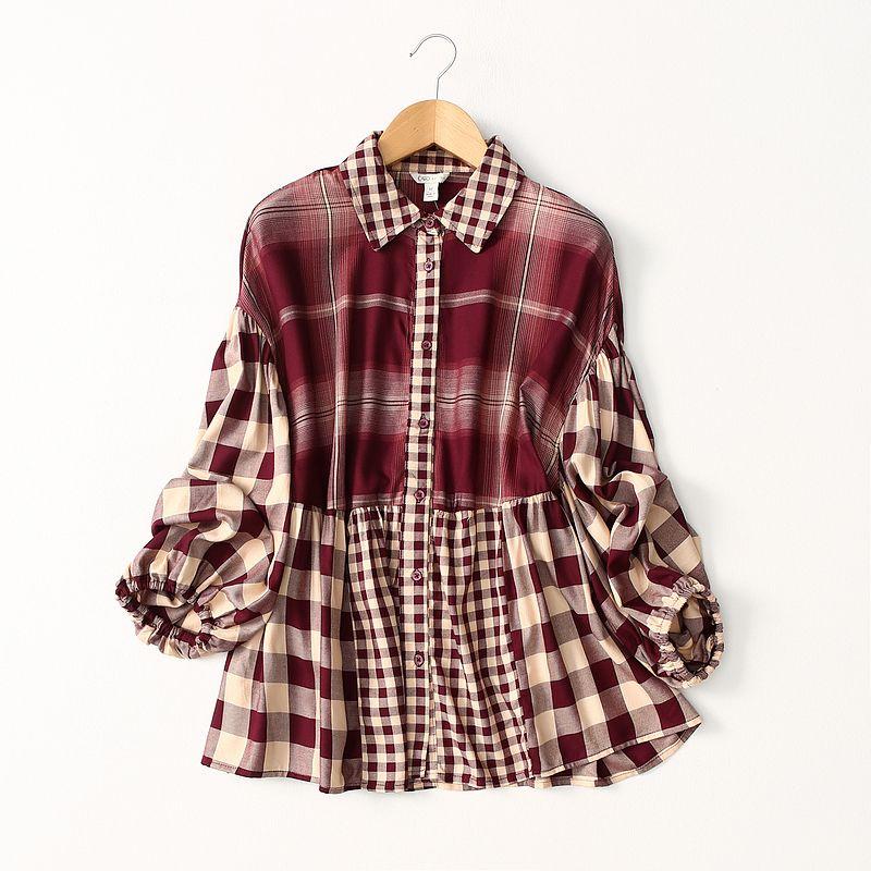 

Foreign Trade Export Loose Simple Plaid Patchwork Cotton Silk Shirts Artificial Cotton Top Doll Shirt Plus size women clothing Spring Red and White Gingham Eurocode-XL(Bust Size 118)