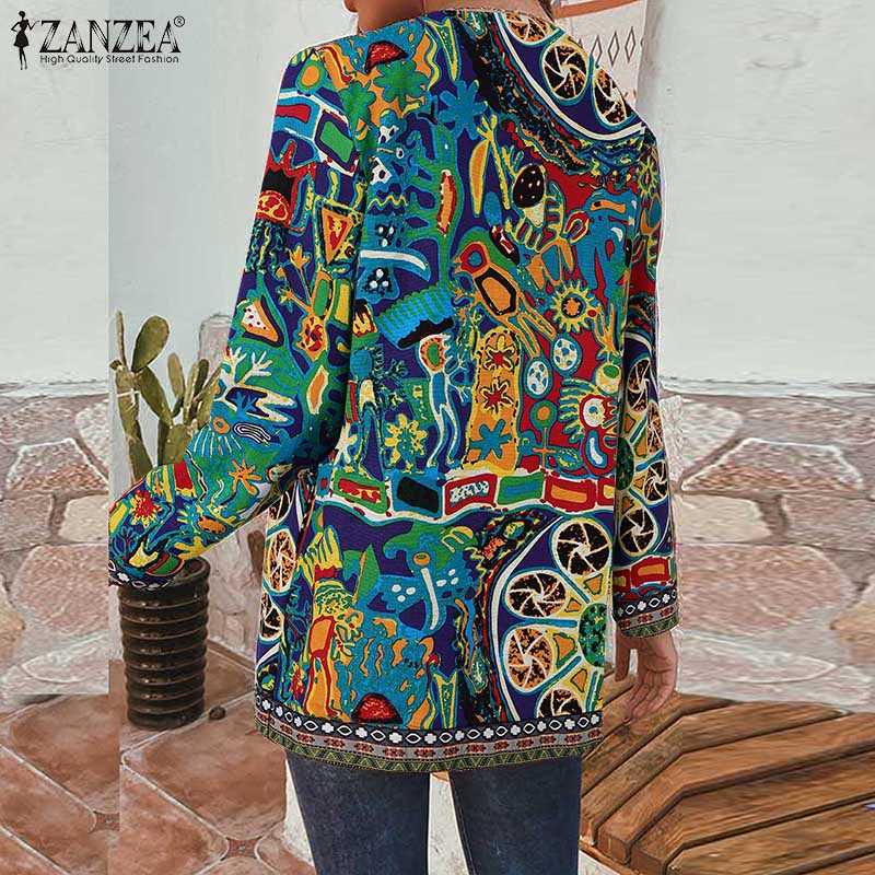 ZANZEA Ethnic Print Casual Long Sleeve Women Cardigan Thin Outwear