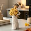Hand Carved Portrait Sculpture Girl Holding Bouquet Resin Figurine, Faceless Lady Statue, Romantic Desktop Ornament for Cream Style Room Decor Living