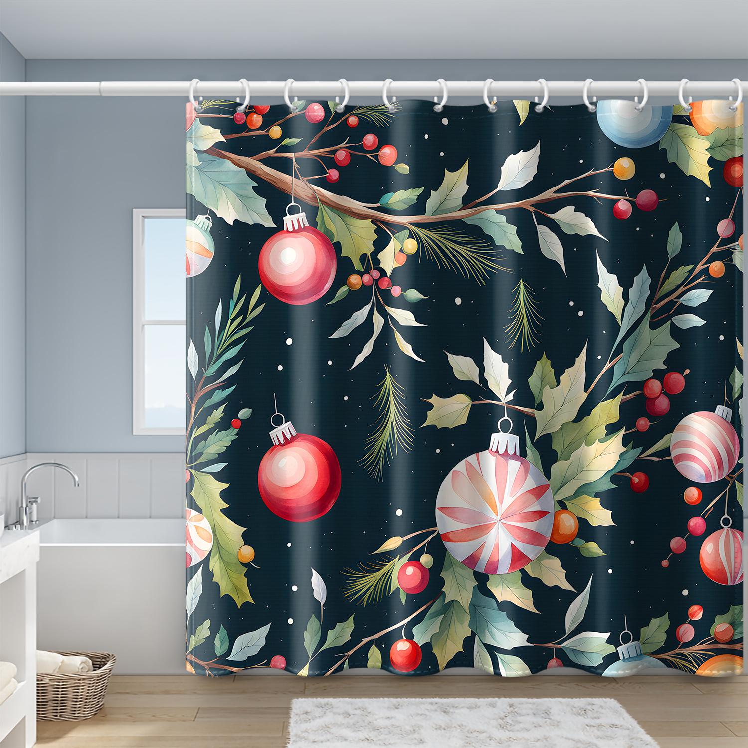 

Christmas Shower Curtain - Dark Green, Red Balls, Polyester, 71In, All-Season W90XH180cm