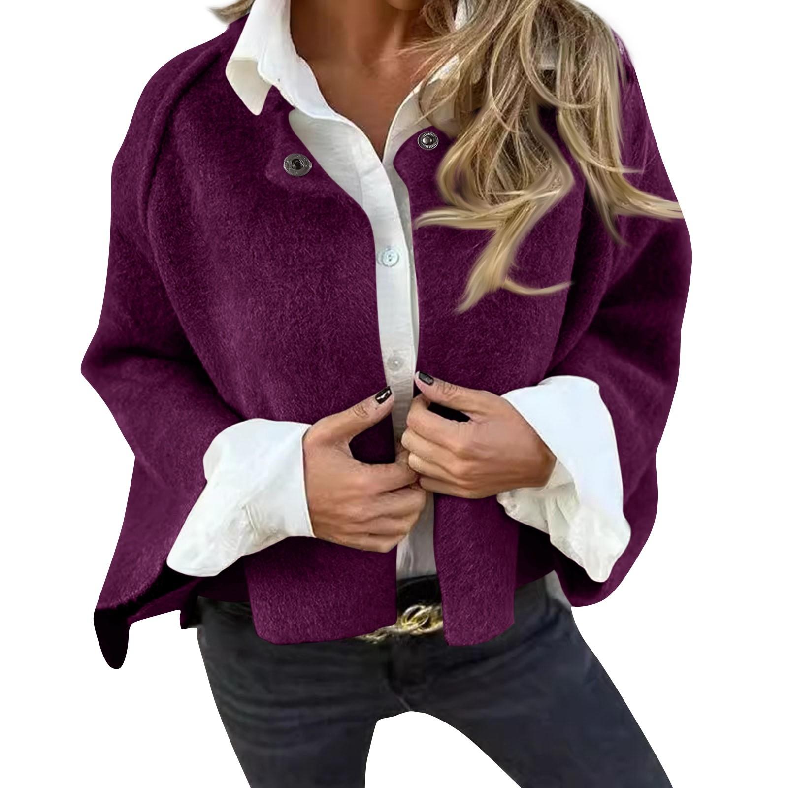 

Women s Casual Fashion Color Round Neck Long Sleeved Short Jacket M фіолетовий