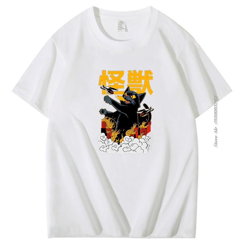 Funny Catzilla Japan Cat Lover T Shirt For Men Cotton Short Sleeve Tshirt Summer Hombre Oversized Tee Shirt Mens Clothes