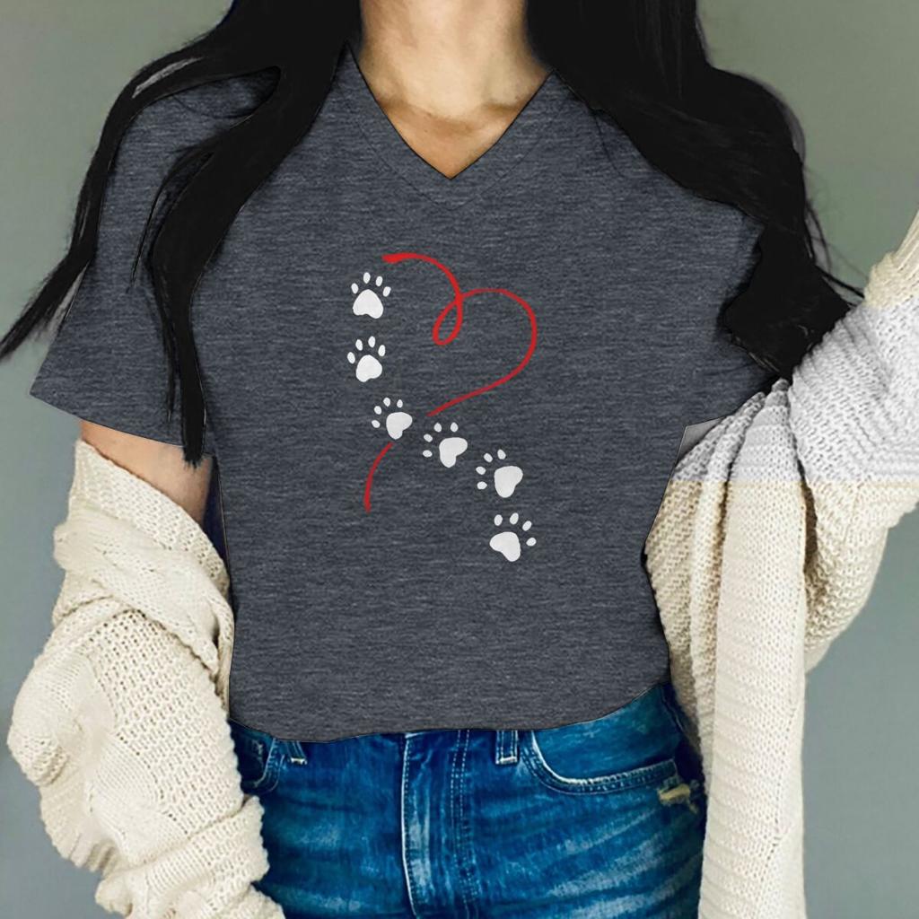 Dog Lover Harajuku Fashion Tops Heart Dog Paw Prints Tshirt Female Animal Heart Graphic Tshirts Ladies Casual Tops