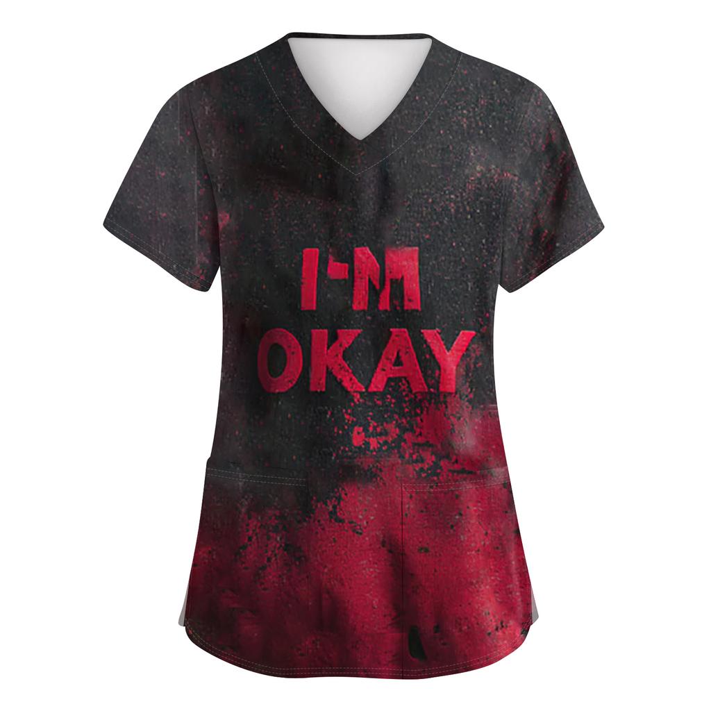 Women's Fashion Short Sleeve Halloween Print V-Neck Pocket Workwear Tops