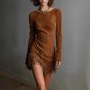Europe, America, New Women's Retro Western Round Neck Slim-fitting Long-sleeved Fringed Suede Dress