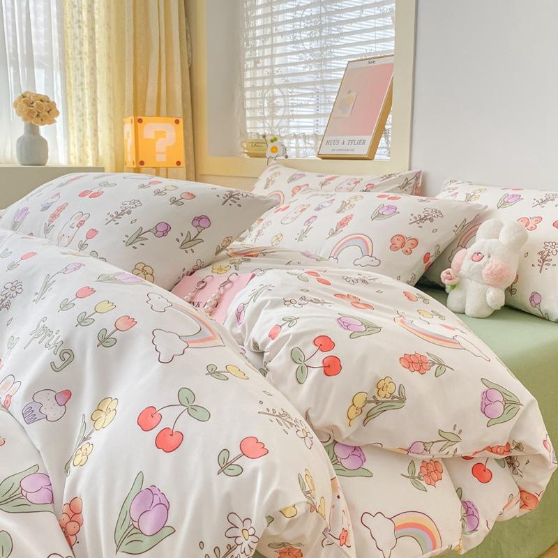 Small Fresh Washed Cotton Four-piece Set, Bedding Quilt Cover, Dormitory Single Bed Three-piece Set