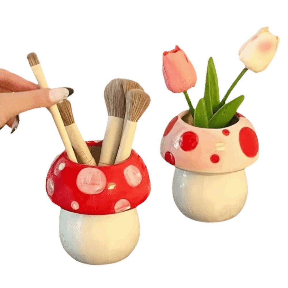 Pink and Red Mushroom Pen Container Mushroom Decoration Makeup Brush Holder  School Use