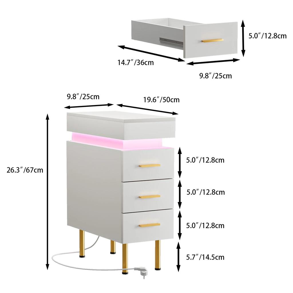 3 Drawer Bedside Table Adjustable Bluetooth Light Strip Floor Mount Wood Bedside Cabinet with Charging Station for Home EUPlug